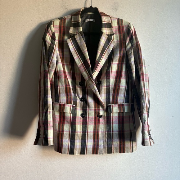 Mango Sz M Linen Blend Plaid Relaxed Double Breasted Academia Blazer - Picture 2 of 10